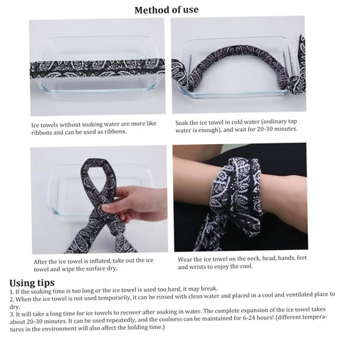 Step-by-step use of Five Pack Water Activated Cooling Neck Wrap Bandanas Instant Ice Cold Scarf For Hot Summer Days Perfect For Camping Beach Travel Or Outdoor Fun Long Lasting Relief Reusable And Easy To Use