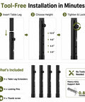 Tool-free installation process for Heavy Duty Folding Table Leg Extenders With Four Level Adjustable Height Risers.