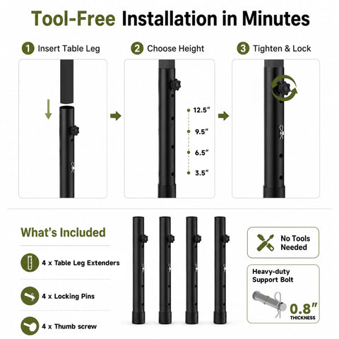 Tool-free installation process for Heavy Duty Folding Table Leg Extenders With Four Level Adjustable Height Risers.