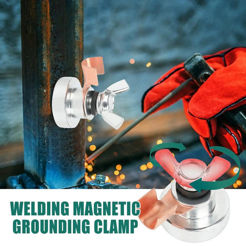 Heavy Duty Magnetic Welding Ground Clamp With Super Strong Hold For Metal Fabrication And Shop Repairs attached to steel surface.