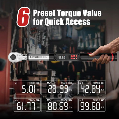 Three Eighths Inch Pro Grade Digital Torque Wrench With Backlit LCD 5 To 99.6 Ft-Lb 6.8 To 135 Nm Fast Adjust Controls Beep LED And Vibration Alerts Ideal For Automotive Motorcycle And Bike Maintenance