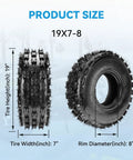 19x7-8 Mini Bike Tires Replacement Set Of 2 For ATVs Go Karts UTVs And Quad Bikes, front and side view with measurements.