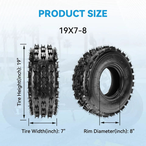19x7-8 Mini Bike Tires Replacement Set Of 2 For ATVs Go Karts UTVs And Quad Bikes, front and side view with measurements.