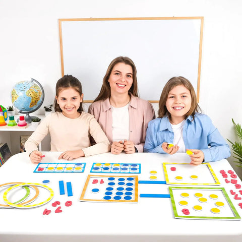 Children and teacher using 84 Piece Magnetic Number Bonds and Magnetic Ten Frames Set for classroom math activities on whiteboard
