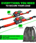 Kickass Retractable Ratchet Straps 2-Pack Cam Lock Tie Down 2 In X 10 Ft with storage bag and soft loops for secure cargo.