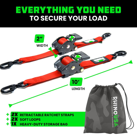 Kickass Retractable Ratchet Straps 2-Pack Cam Lock Tie Down 2 In X 10 Ft with storage bag and soft loops for secure cargo.