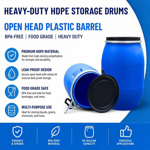 Food Grade Blue Plastic Drum With Airtight Lid And Metal Latch Ring Built Tough For Emergency Water Storage 8 To 42 Gallon