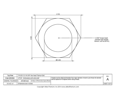 Top view technical drawing of 7 16 20 X 3 1 4 UNF titanium bolt; features grade 5 Ti 6 Al 4V material.