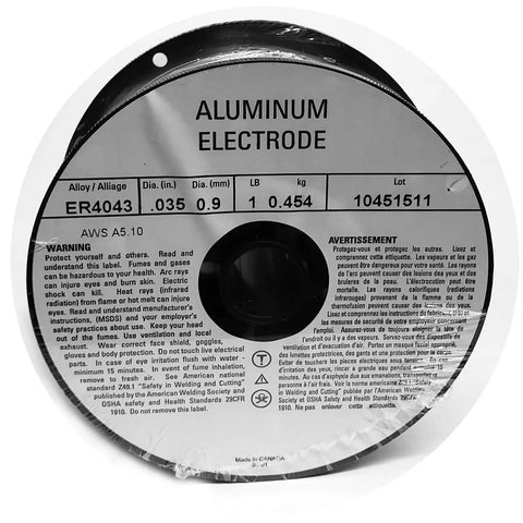 ER4043 Aluminum MIG Welding Wire.035 Inch, 1 Lb Spool, showing product label details and center hole spool design.