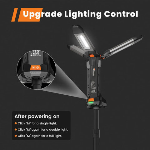 Rear view of Go To 4 In 1 Cordless Work Light With Stand And Detachable Tripod Rechargeable LED Lamp highlighting control buttons.