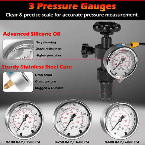 Pro Grade Nitrogen Charging Kit for Hydraulic Accumulators With 7 Couplings, 3 Analog Gauges 1500 3600 6000 PSI, 1 Gas Hose, 1 Main Valve Body, Nitrogen Pressure Test Kit and Gas Charging Tools