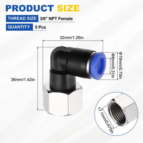 5 Pack Push To Connect Fittings 90 Degree Pneumatic Elbow Adapters, Three Eighth Inch NPT Female, 0.31 Inch Tube OD, Nickel Plated Brass