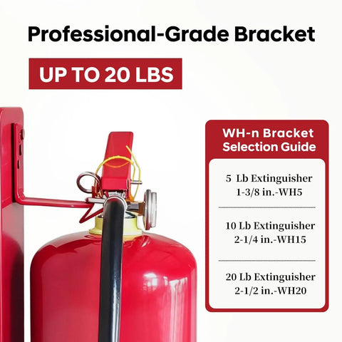 Heavy Duty Fire Extinguisher Mount 2 Pack Beefy Universal Bracket For 5 To 40 Lb Extinguishers Wall Mount Hanger For Garage Cabinet Steel Anti Rust Coated Holder next to a red fire extinguisher