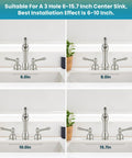 Widespread 8 Inch Bathroom Faucet For Sink With 3 Holes, Two Lever Handles, shown in different spacing for installation on sinks.