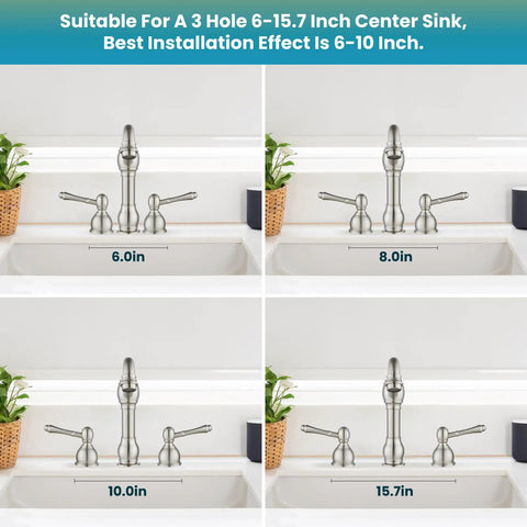Widespread 8 Inch Bathroom Faucet For Sink With 3 Holes, Two Lever Handles, shown in different spacing for installation on sinks.