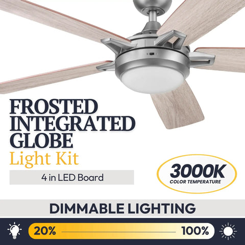 52 Inch Espresso Smart Ceiling Fan With Remote Control showing frosted globe light and dimmable LED lighting features.