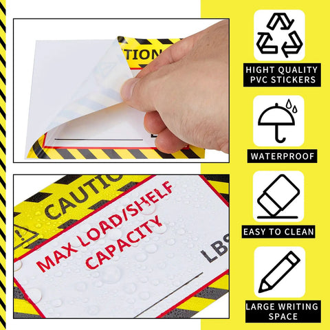 TopShelf Heavy Duty Pallet Rack Capacity Labels 100 Pack featuring 3x4 inch waterproof PVC max load warning sticker being peeled.