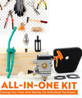 FS90R Carburetor Upgrade Kit with components for trimmers shown against a workshop backdrop, includes carburetor and gaskets.