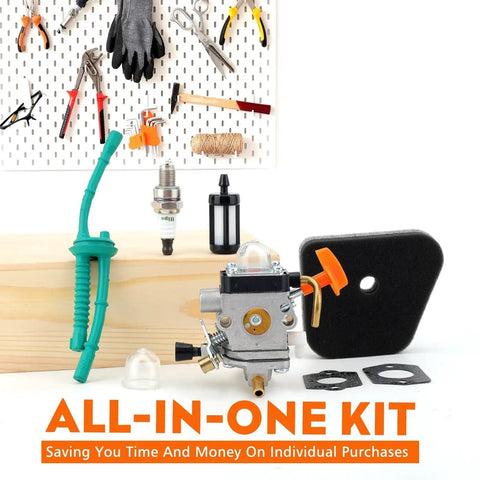 FS90R Carburetor Upgrade Kit with components for trimmers shown against a workshop backdrop, includes carburetor and gaskets.