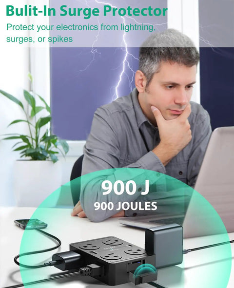 Totally Stacked 8 Outlets Power Strip Surge Protector on desk with USB ports and lightning protection in home office setup