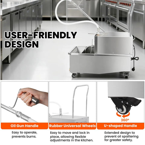 Commercial 550W Stainless Steel Fryer Filter Machine With 55L Oil Filtration System features user-friendly design with wheels and handles.