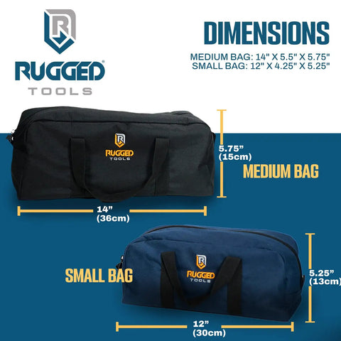 Two Tote Style Tool Bags Set For Pros And DIYers Includes Small And Medium Organizers shown with dimensions