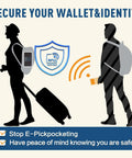 Illustration of travelers with RFID protection promoting Slim RFID Blocking Card Pack Of 5 For Men And Women Shields Your Wallet From Contactless Debit And Credit Cards Passports And NFC Scans Keeps Thieves From Skimming Your Info While You Travel.