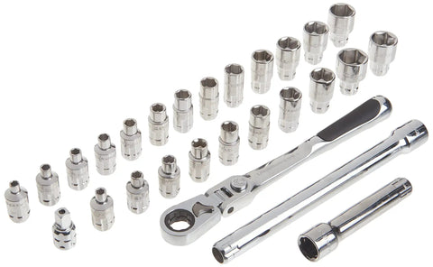 27 Piece 1/4 In Drive Pass-Thru Mechanics Tool Set With 6 Pt Sockets SAE Metric Standard GearRatchet System And 5 Degree Ratcheting Arc