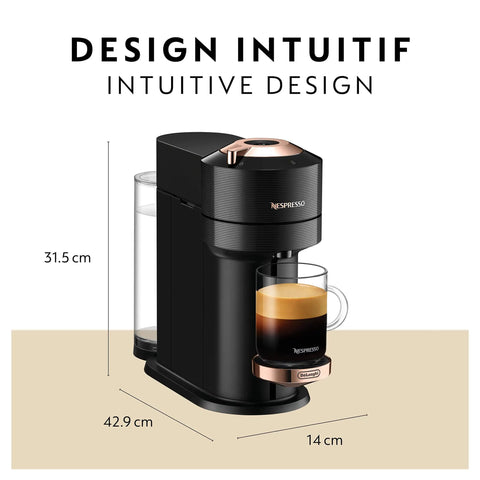 Vertuo Next Coffee And Espresso Machine By De'Longhi In Black With Rose Gold Finish One Touch Brewer With Cup On Tray