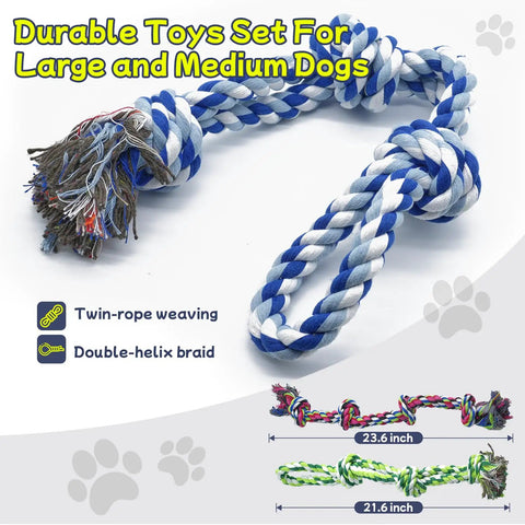 Four Pack Heavy Duty Dog Rope Toys For Aggressive Chewers, blue and white double-helix cotton tug toy for large dogs