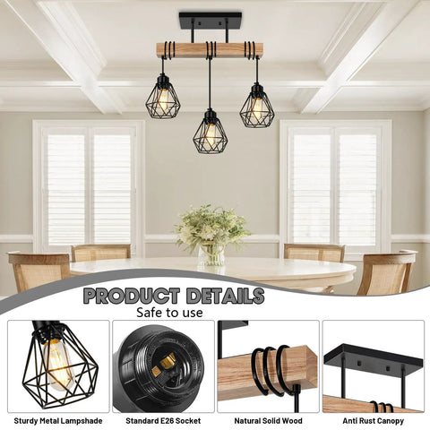 Rustic Farmhouse Pendant Light Fixtures Featuring Real Solid Wood And Sleek Black Metal Shades, 3-light ceiling fixture over dining table.