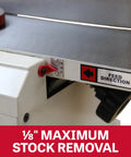 Heavy Six Inch Benchtop Jointer Delivering Smooth As Butter Finish Features Fourteen Quick Change Carbide Blades settings close-up.