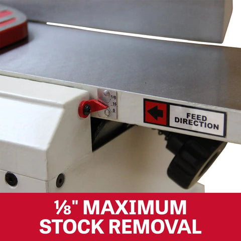 Heavy Six Inch Benchtop Jointer Delivering Smooth As Butter Finish Features Fourteen Quick Change Carbide Blades settings close-up.