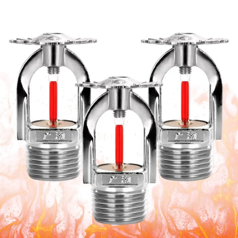 Three Pack Pendant Style Fire Sprinkler Heads Quick Response Sixty Eight Degree Water Spray Down, chrome finish, visible red indicator, mounted on flame background.