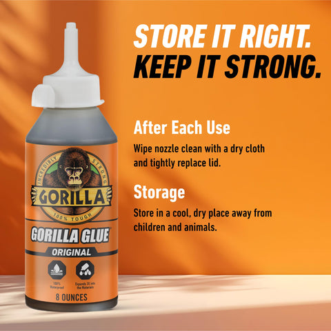 Front view of 8 oz Gorilla Glue Original bottle with instructions, not Brown Waterproof Polyurethane Glue 8 Oz Heavy Duty Adhesive.