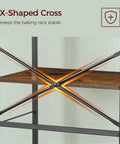 Rustic Brown And Black Bakers Rack With Drawer Microwave Stand Power Outlet And USB Ports Coffee Bar Station X-shaped cross