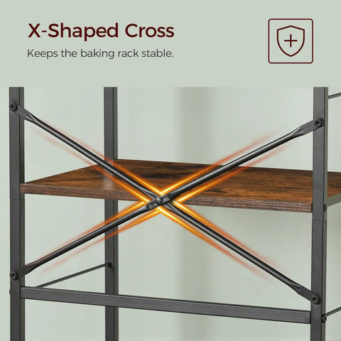 Rustic Brown And Black Bakers Rack With Drawer Microwave Stand Power Outlet And USB Ports Coffee Bar Station X-shaped cross
