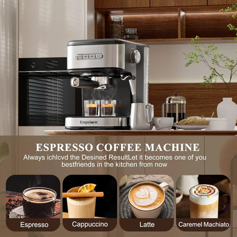 Kick Your Daily Coffee Grind Up With This Pro Stainless Steel Espresso Machine Slingin Bold Shots At 20 Bar Pressure For Rich Crema And Creamy Cappuccinos Using A Smart Dual Filter Setup in a stylish kitchen setting.