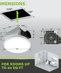 Quiet Bathroom Vent Fan With Integrated LED Light Ceiling Mount Exhaust 80 CFM One Point One Sones White Finish dimensions