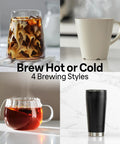 Four different beverages brewed by a 10 Cup Drip Coffee Maker With Hot And Cold Multi Serve Brewer, showing hot and iced drinks.