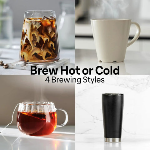 Four different beverages brewed by a 10 Cup Drip Coffee Maker With Hot And Cold Multi Serve Brewer, showing hot and iced drinks.