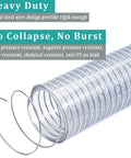 Close-up of Clear Wire Reinforced Suction Hose 2 In ID X 2-5/16 In OD 10 Ft Heavy Duty Flexible PVC with spiral steel reinforcement.