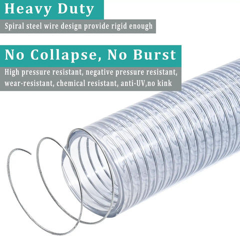 Close-up of Clear Wire Reinforced Suction Hose 2 In ID X 2-5/16 In OD 10 Ft Heavy Duty Flexible PVC with spiral steel reinforcement.