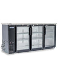 Heavy Duty 72 Inch Commercial Beverage Cooler With Three Double Pane Glass Doors And Slick Black Finish For No Sweat Under Bar Setup.
