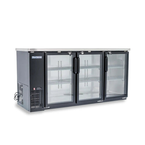 Heavy Duty 72 Inch Commercial Beverage Cooler With Three Double Pane Glass Doors And Slick Black Finish For No Sweat Under Bar Setup.