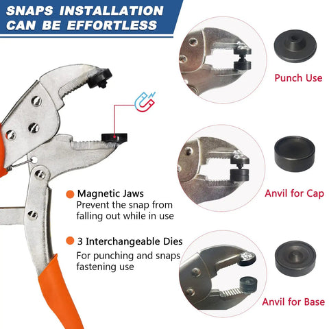 Heavy Duty Snap Fasteners Kit Built Tough With Magnetic Die Holder And Adjustable Pliers 60 Set 15mm Stainless Marine Snaps For Boat Covers Tarp Canvas Upholstery Leather Metal Press Studs Replacement Installation And Repair shown with magnetic jaws and interchangeable dies.