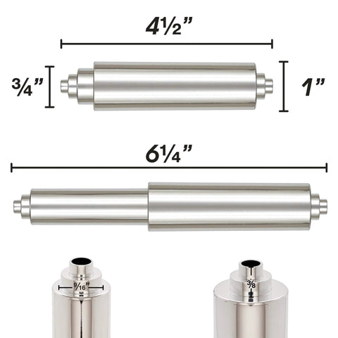 Spring Loaded Toilet Paper Roll Holder Replacement In Chrome Finish Durable Plastic Construction with size measurements.