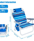 Two Pack Low Beach Chairs With 5 Position Recline Backpack Portable Folding Chairs With Cooler Bag And Cup Holder Heavy Duty 350 Lbs Compact For Beach Camping And Travel, showing dimensions and features