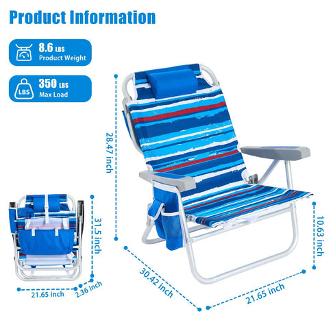 Two Pack Low Beach Chairs With 5 Position Recline Backpack Portable Folding Chairs With Cooler Bag And Cup Holder Heavy Duty 350 Lbs Compact For Beach Camping And Travel, showing dimensions and features