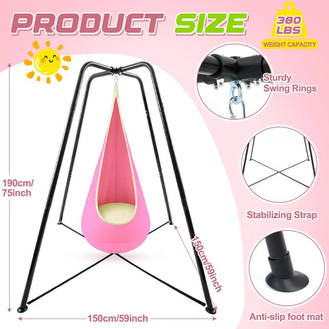 Sensory Swing Stand Frame With Pod Chair And Swings Set For Kids And Adults Heavy Duty Metal Swing Set For Indoor And Outdoor Use Autism Friendly Hammock Chair Stand Pink showing dimensions and features